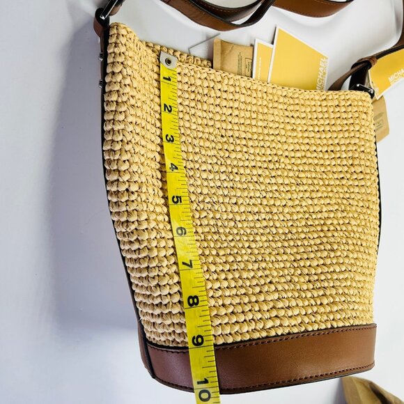 MICHAEL Michael Kors Townsend Straw Bucket Bag Tan Raffia Leather Tote - Picture 14 of 16